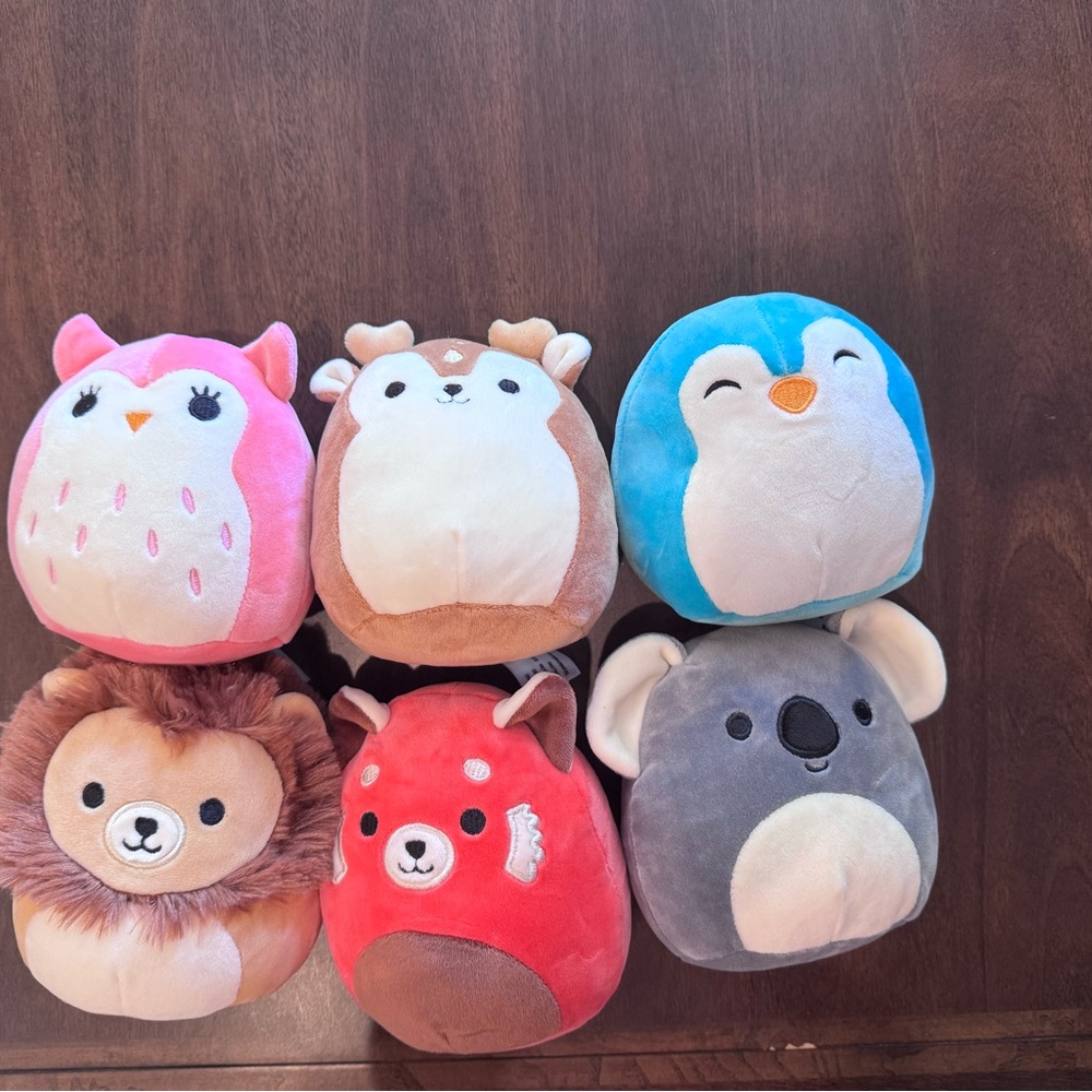Squishmallows Pink Owl, Brown Deer, Blue Penguin, Lion, Red Fox, Gray Koala Set